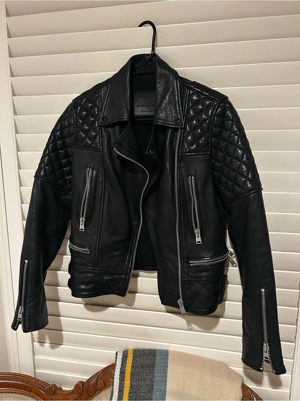All Saints Black Quilted-Shoulder Leather Biker Jacket